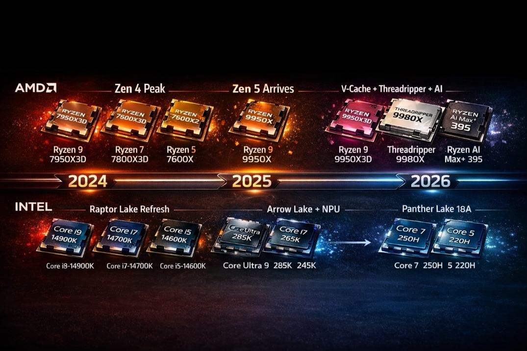 AMD vs Intel CPU timeline from 2024 to 2026 showing generational improvements