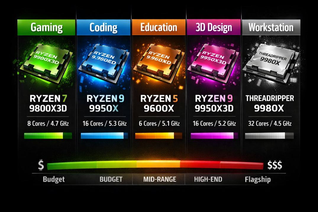 Infographic showing top CPU picks by workload category for 2026 including gaming coding and 3D design