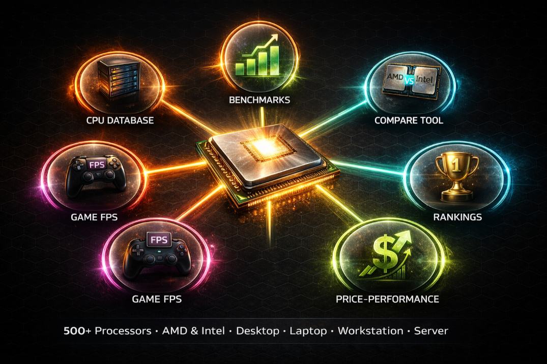 Infographic showing FPSBench CPU database coverage across AMD and Intel processor families
