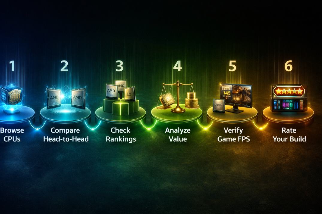Step-by-step FPSBench CPU research workflow from database browsing to build validation
